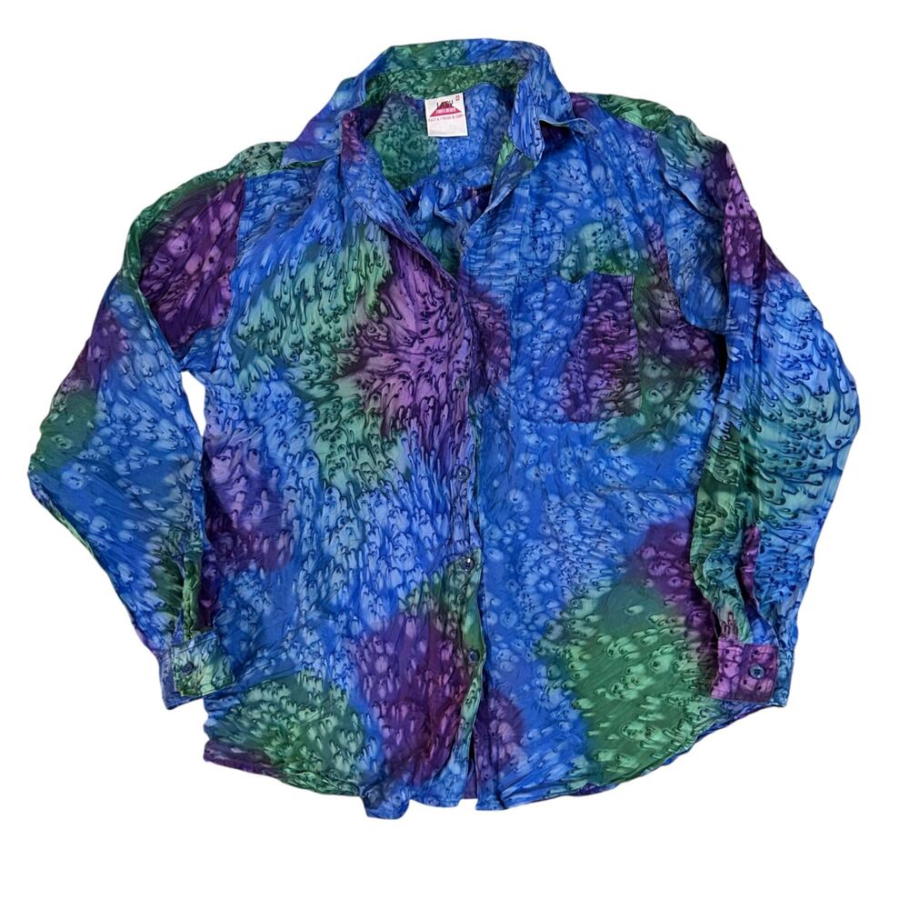 Vtg Lady Foot Locker Silk Button Up Shirt Womens Medium Watercolor Abstract